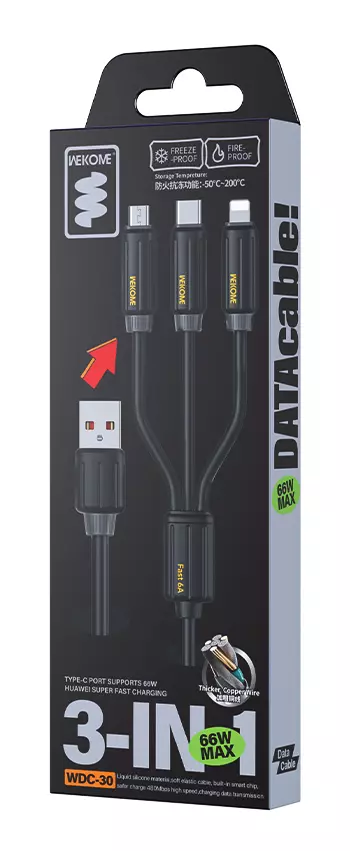 Кабель для зарядки WEKOME 3 в 1 USB-C / Lightning / microUSB 66W WDC-30 Black (Черный) Кабель для зарядки WEKOME 3 в 1 USB-C / Lightning / microUSB 66W WDC-30 Black (Черный)