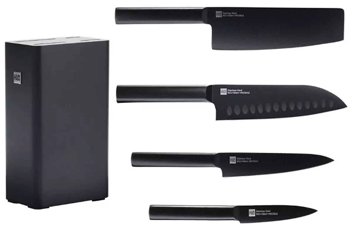 Набор ножей X50 Cr Mo V 15 Huo Hou Heat Cool Black Non-stick Knife Set (4 ножа + подставка) Black (Черный) CN