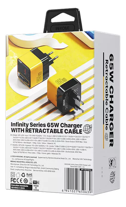 Сетевое зарядное устройство GaN 65W WEKOME WP-U39 Yellow (Желтый) Global Version Сетевое зарядное устройство GaN 65W WEKOME WP-U39 Yellow (Желтый) Global Version