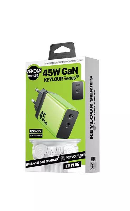 Сетевое зарядное устройство GaN 45W (c+c) WEKOME WP-U33 Green (Зеленый) Сетевое зарядное устройство GaN 45W (c+c) WEKOME WP-U33 Green (Зеленый)