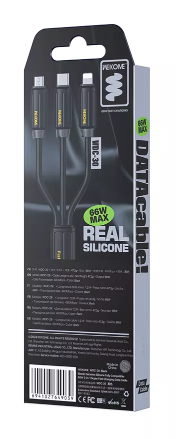 Кабель для зарядки WEKOME 3 в 1 USB-C / Lightning / microUSB 66W WDC-30 Black (Черный) Кабель для зарядки WEKOME 3 в 1 USB-C / Lightning / microUSB 66W WDC-30 Black (Черный)