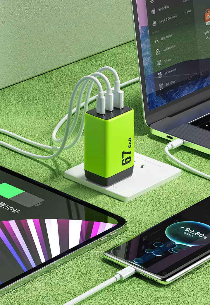 Зарядное устройство WEKOME WP-U157 GaN 67W 2 Type-c +1 Green (Зеленый) Зарядное устройство WEKOME WP-U157 GaN 67W 2 Type-c +1 Green (Зеленый)