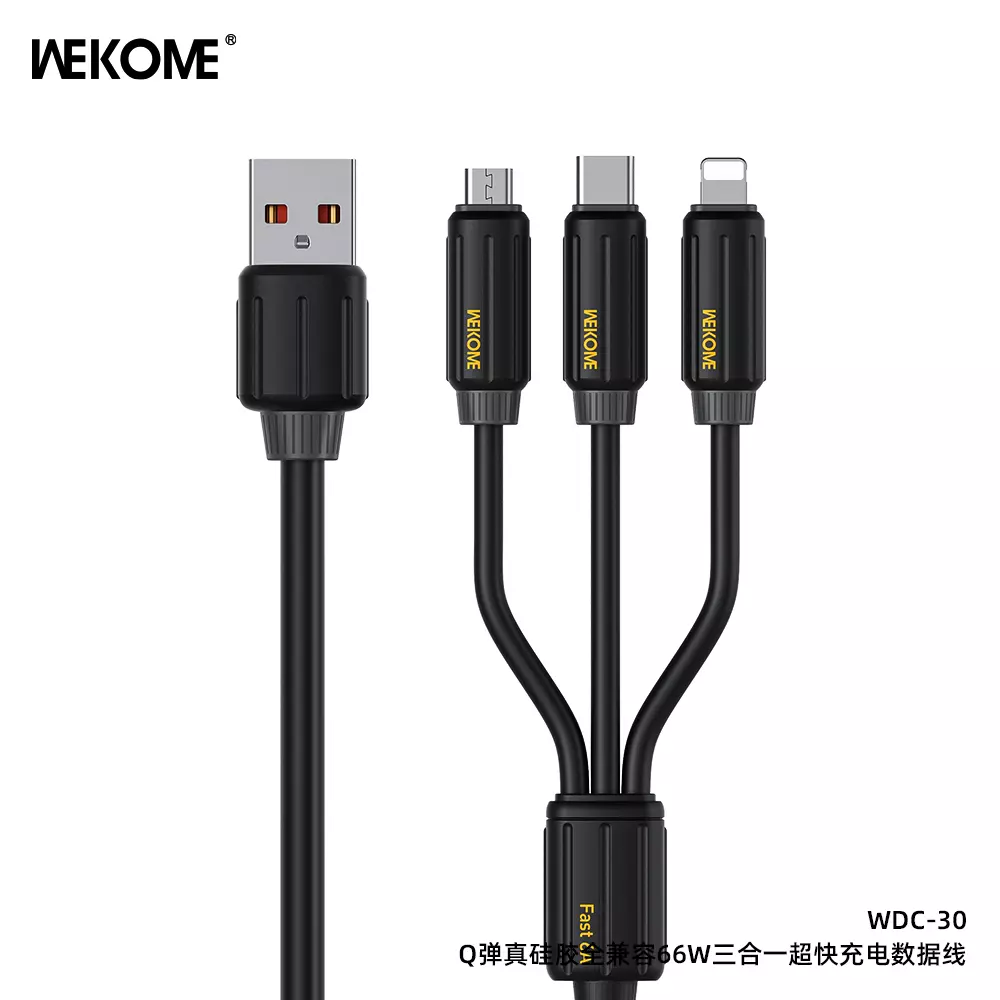 Кабель для зарядки WEKOME 3 в 1 USB-C / Lightning / microUSB 66W WDC-30 Black (Черный) Кабель для зарядки WEKOME 3 в 1 USB-C / Lightning / microUSB 66W WDC-30 Black (Черный)