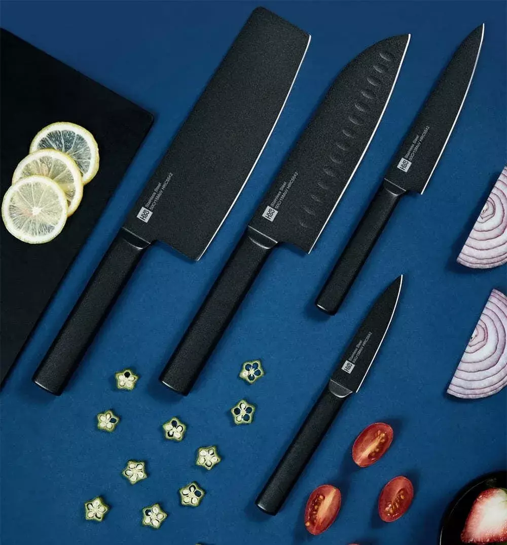 Набор ножей X50 Cr Mo V 15 Huo Hou Heat Cool Black Non-stick Knife Set (4 ножа + подставка) - фото 2 Набор ножей X50 Cr Mo V 15 Huo Hou Heat Cool Black Non-stick Knife Set (4 ножа + подставка) - фото 2