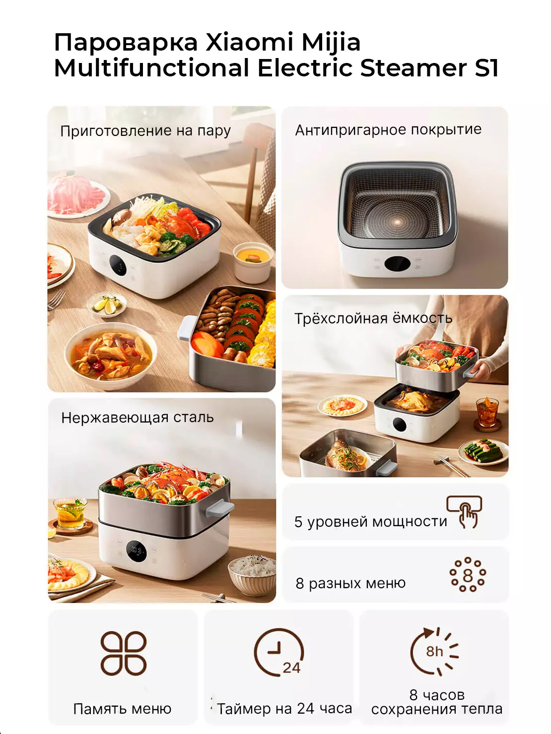 Пapовapкa Xiaomi Mijia Multifunctional Electric Steamer S1 (MES03) 13L - фото 2 Пapовapкa Xiaomi Mijia Multifunctional Electric Steamer S1 (MES03) 13L - фото 2