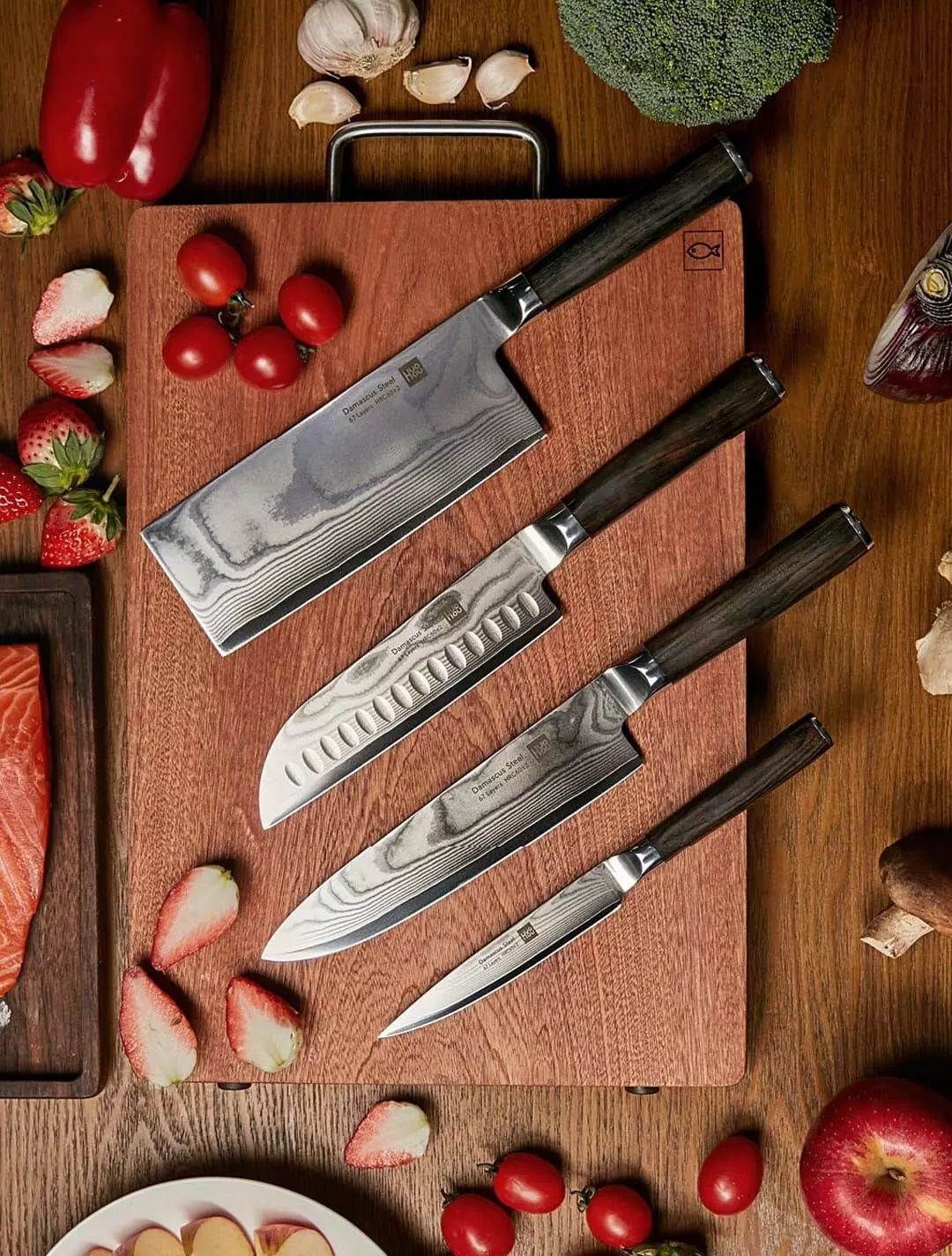 Набор ножей из дамасской стали Huo Hou Set of 5 Damascus Knife Sets (4 ножа с подставкой) (HU0073) - фото 12 Набор ножей из дамасской стали Huo Hou Set of 5 Damascus Knife Sets (4 ножа с подставкой) (HU0073) - фото 12