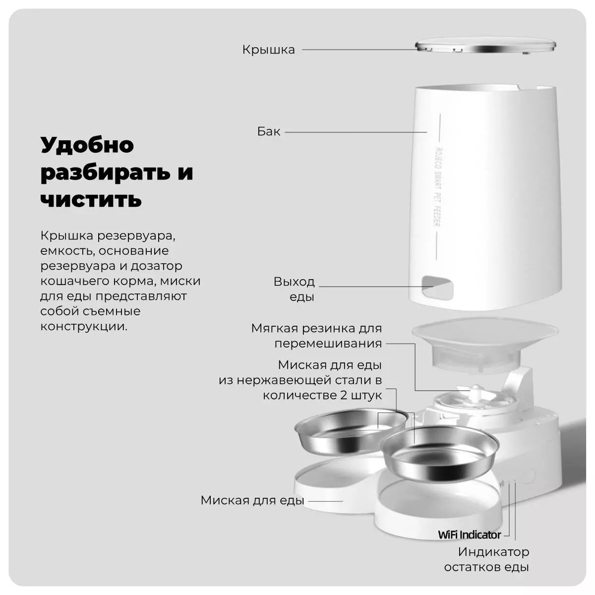 Автокормушка для животных Xiaomi Rojeco 4L Automatic Pet Feeder WIFI Version Double Bowl - фото 3 Автокормушка для животных Xiaomi Rojeco 4L Automatic Pet Feeder WIFI Version Double Bowl - фото 3