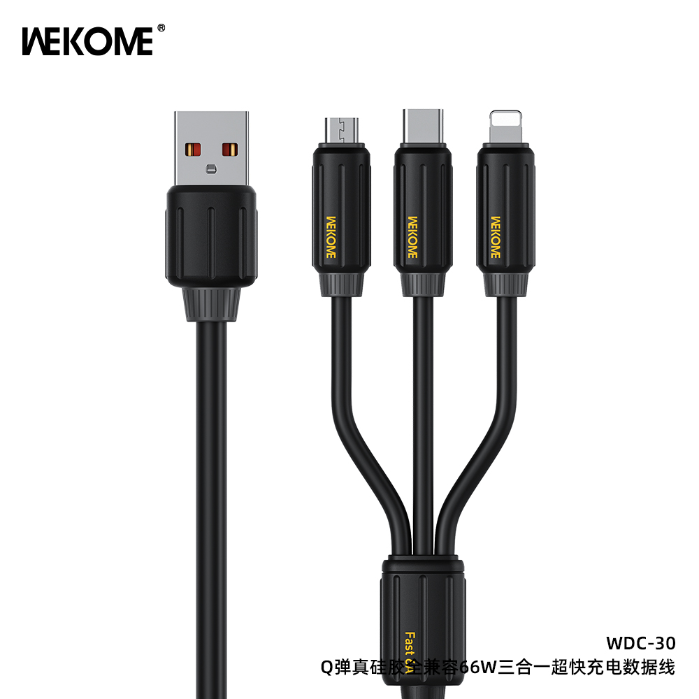 Кабель для зарядки WEKOME 3 в 1 USB-C / Lightning / microUSB 66W WDC-30 Black (Черный) Кабель для зарядки WEKOME 3 в 1 USB-C / Lightning / microUSB 66W WDC-30 Black (Черный)