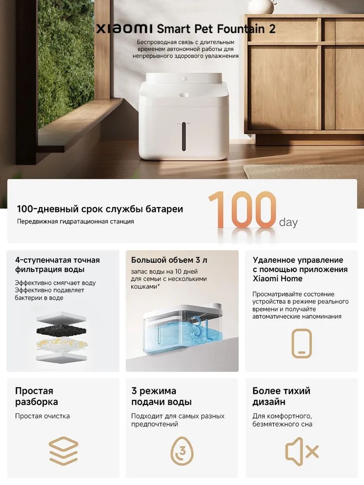 Умная и беспроводная поилка Xiaomi Smart Pet Fountain 2, 3L (MJCWYSJ03) White (Белый) CN